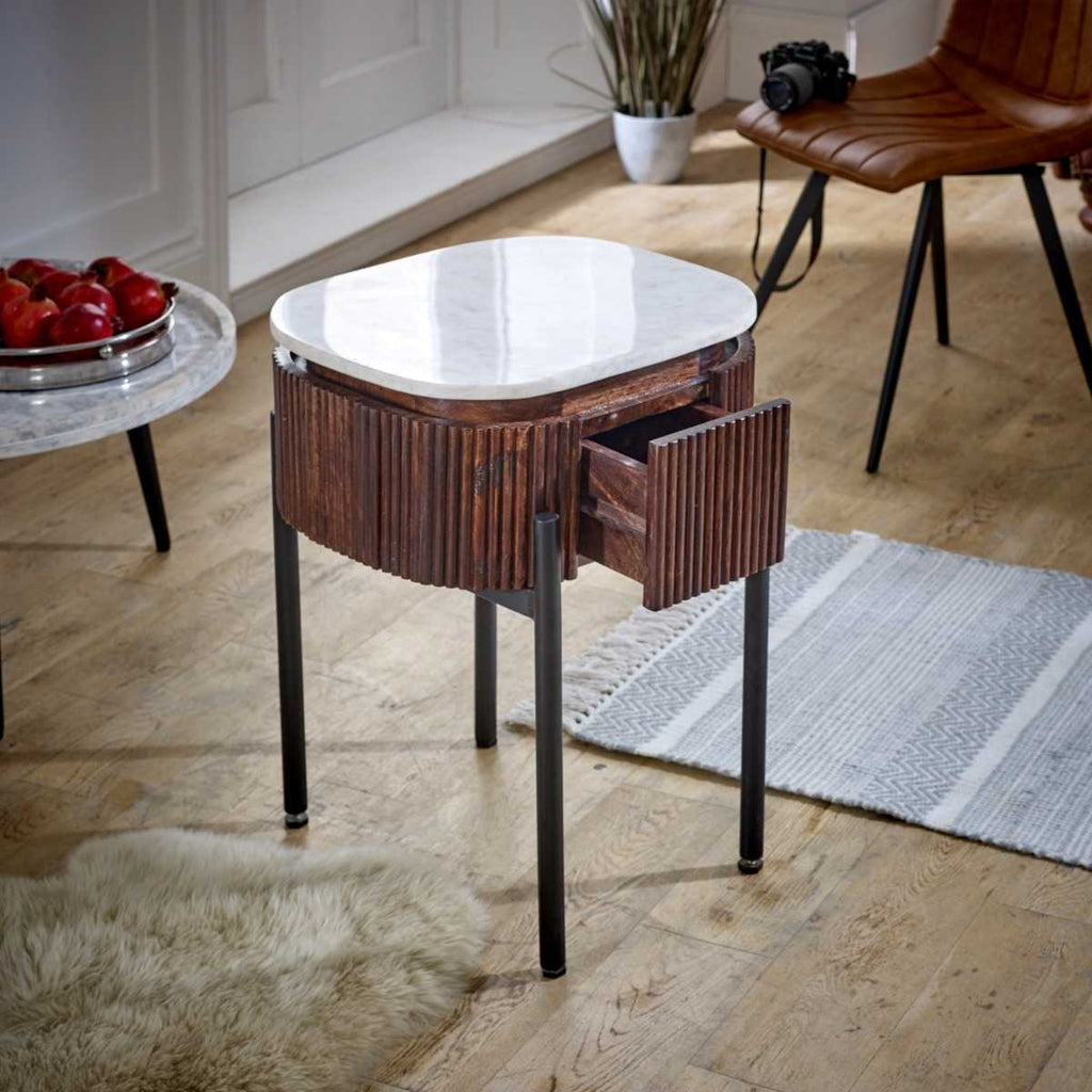 Loriini Mango Wood Bedside Table With Marble Top & Metal Legs