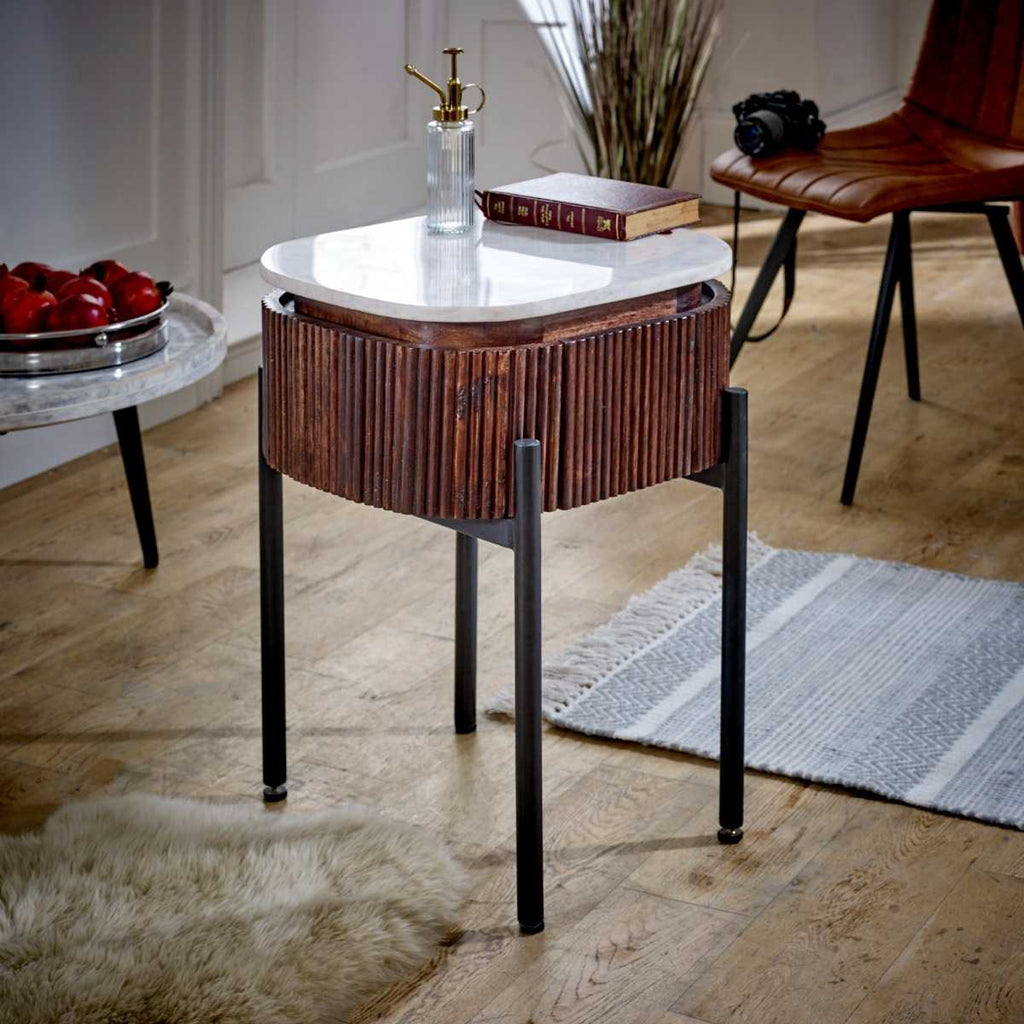 Loriini Mango Wood Bedside Table With Marble Top & Metal Legs