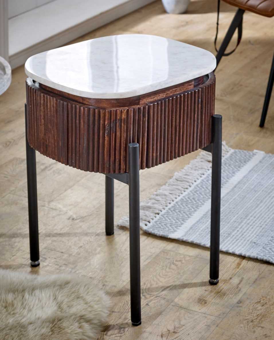 Loriini Mango Wood Bedside Table With Marble Top & Metal Legs