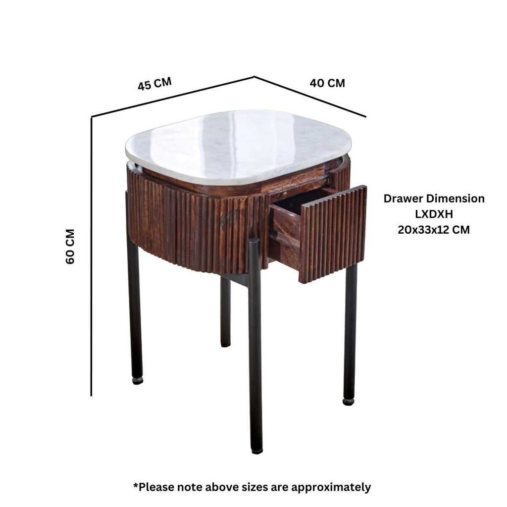Loriini Mango Wood Bedside Table With Marble Top & Metal Legs