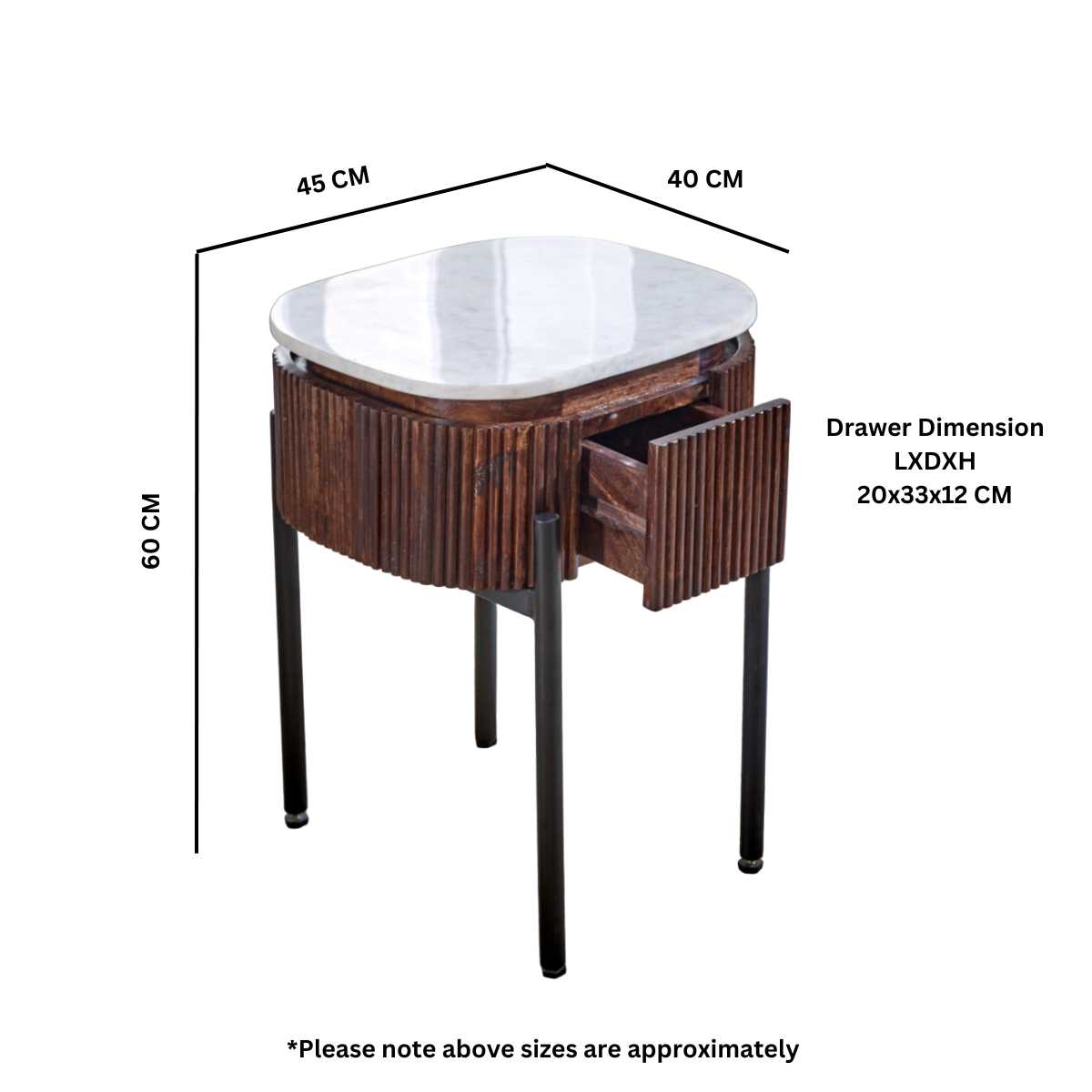 Loriini Mango Wood Bedside Table With Marble Top & Metal Legs