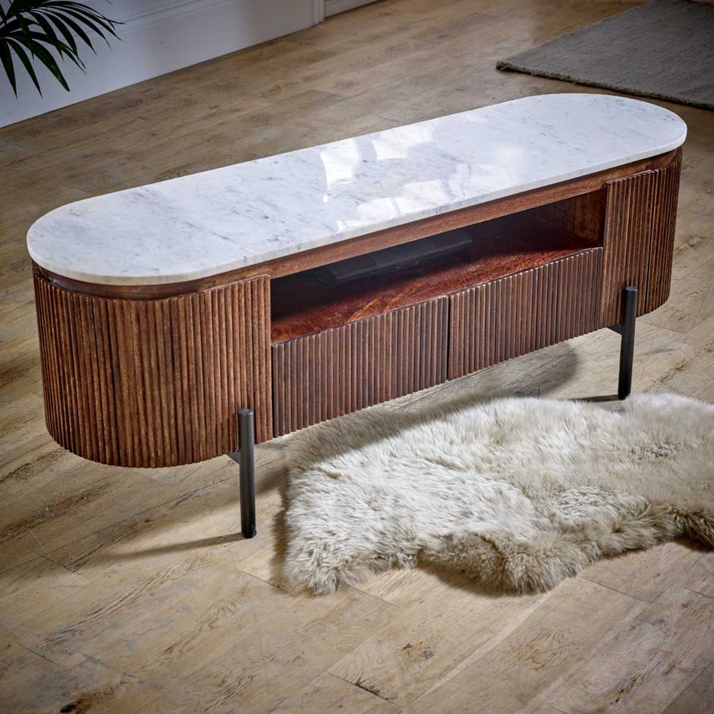 Loriini Mango Wood Tv Cabinet With  Marble Top & Metal Legs
