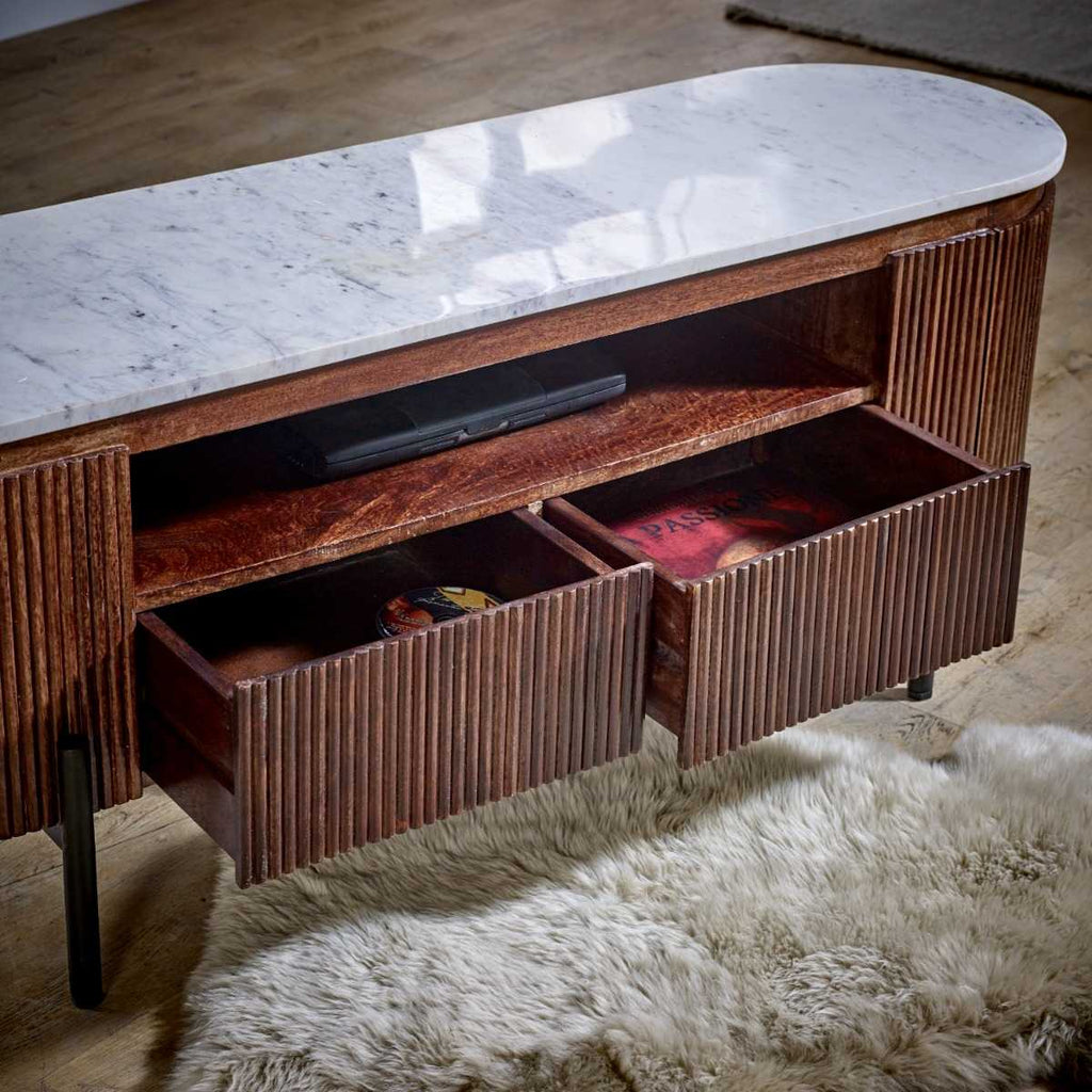 Loriini Mango Wood Tv Cabinet With  Marble Top & Metal Legs