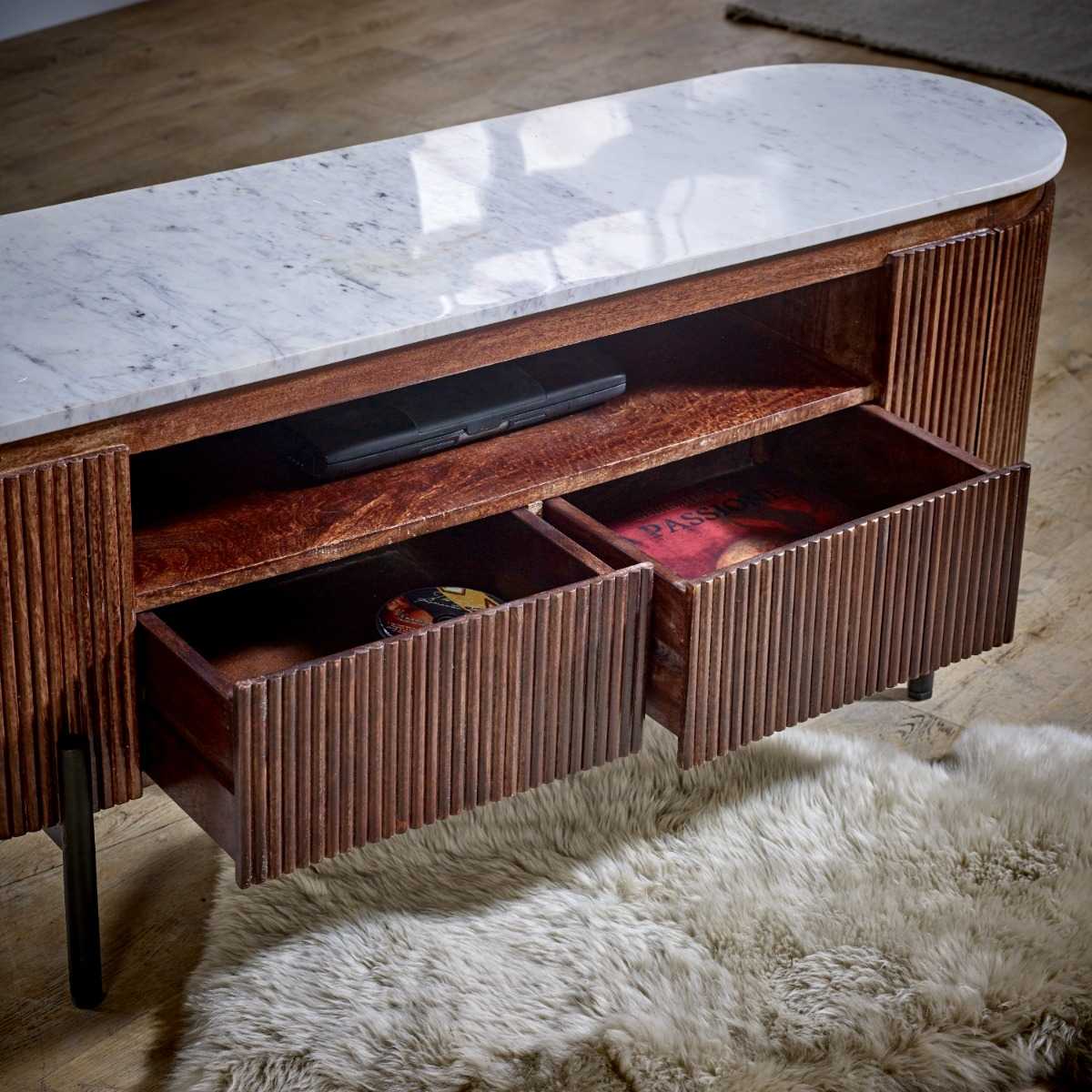 Loriini Mango Wood Tv Cabinet With  Marble Top & Metal Legs