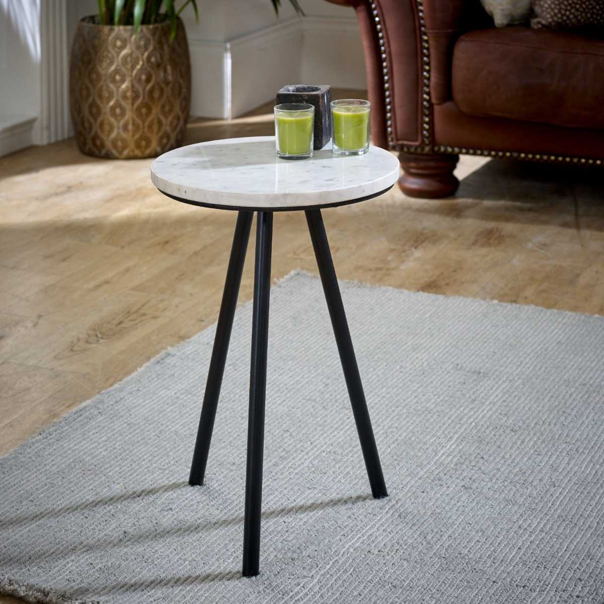 Loriini Side Table With White Marble Top & Metal Legs