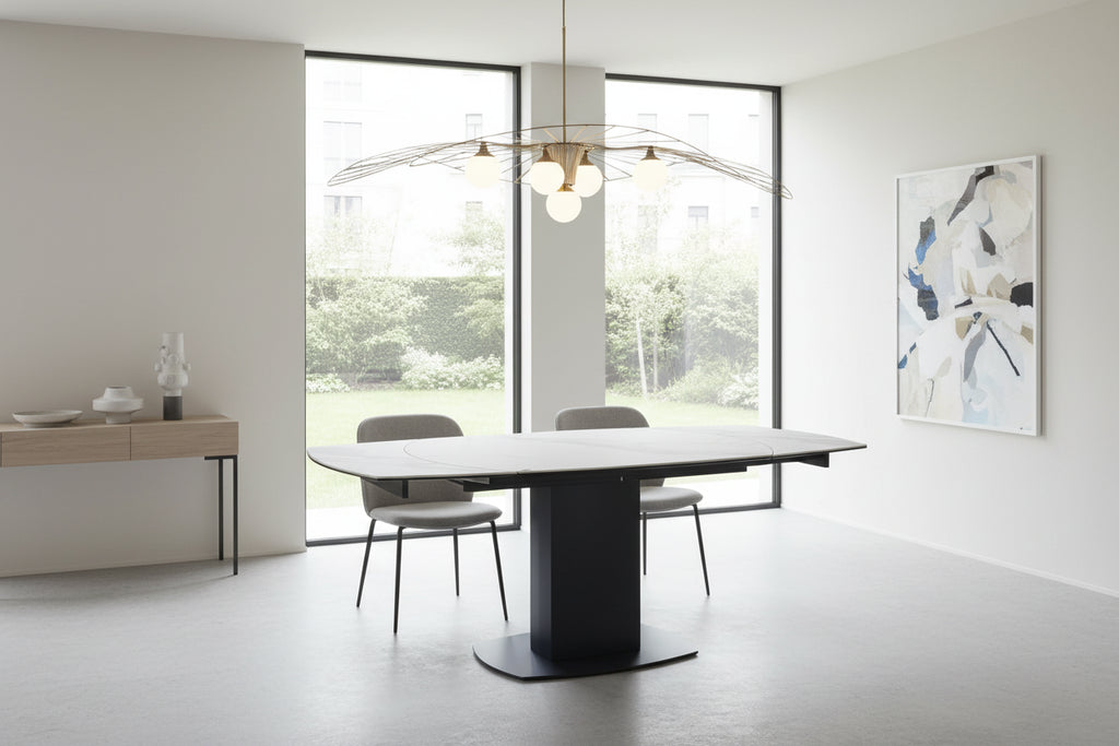 Ritz Swivel Ext Ceramic Dining Table White & Grey Marble