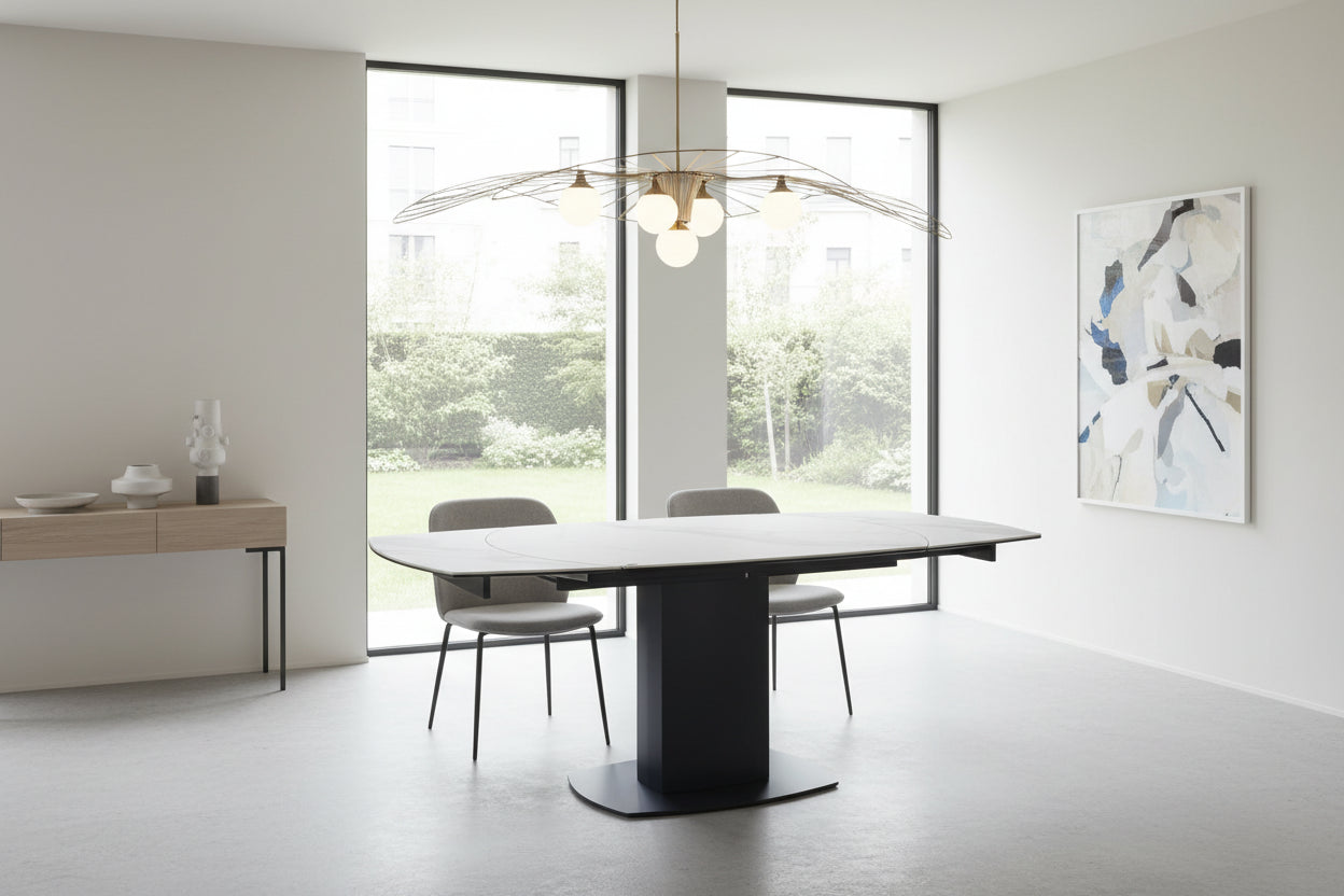 Ritz Swivel Ext Ceramic Dining Table White & Grey Marble