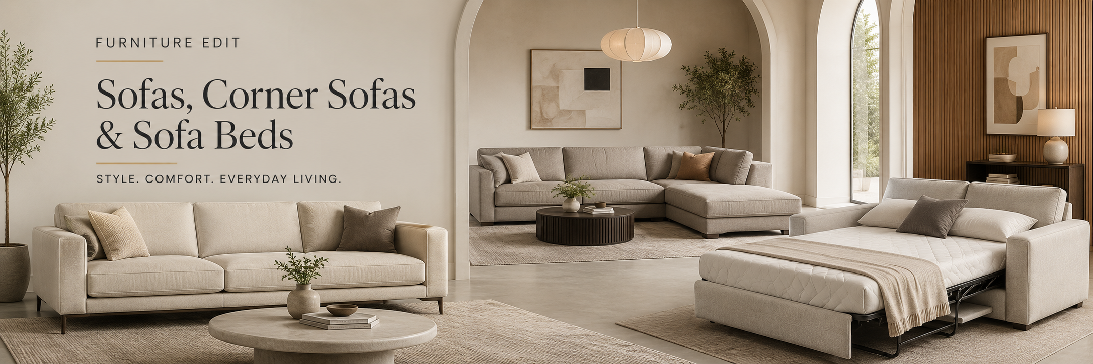 Modern sofas, corner sofas and sofa beds styled in a neutral living room setting from the Furniture Edit sofa collection.