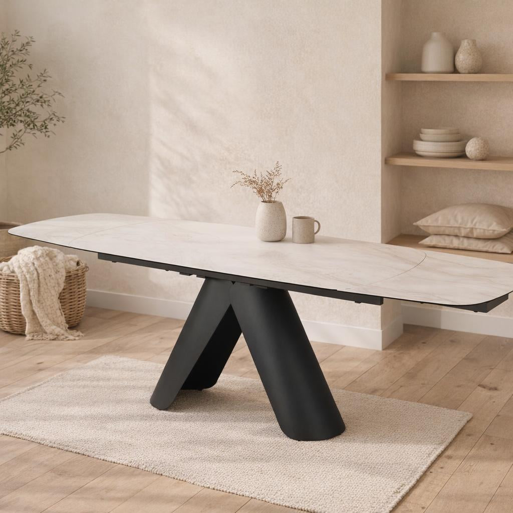 Opulento Extending Dining Table Matt White & Cosmic Grey Vein Ceramic