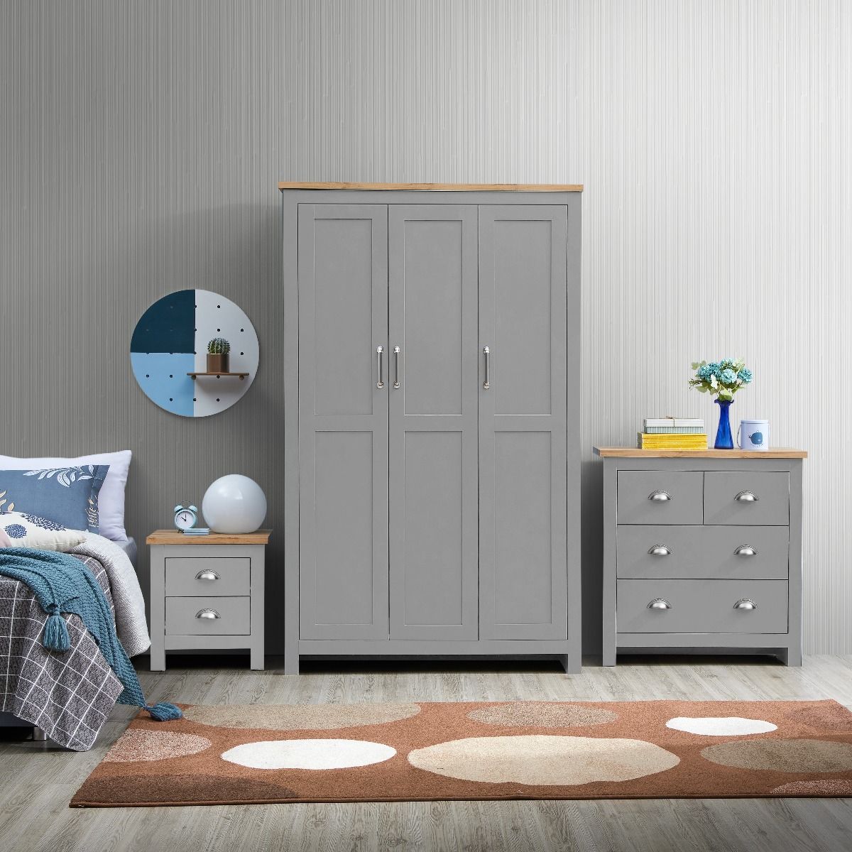 Lisbon 3 Piece Set 3 Door Wardrobe 2+2 Chest 2 Drw Bedside